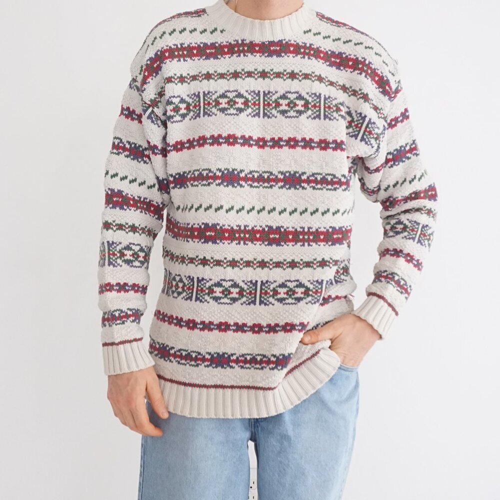 Vintage Roberto Company Cream Isle Cotton Knit Sweater Nordic Pattern Top L